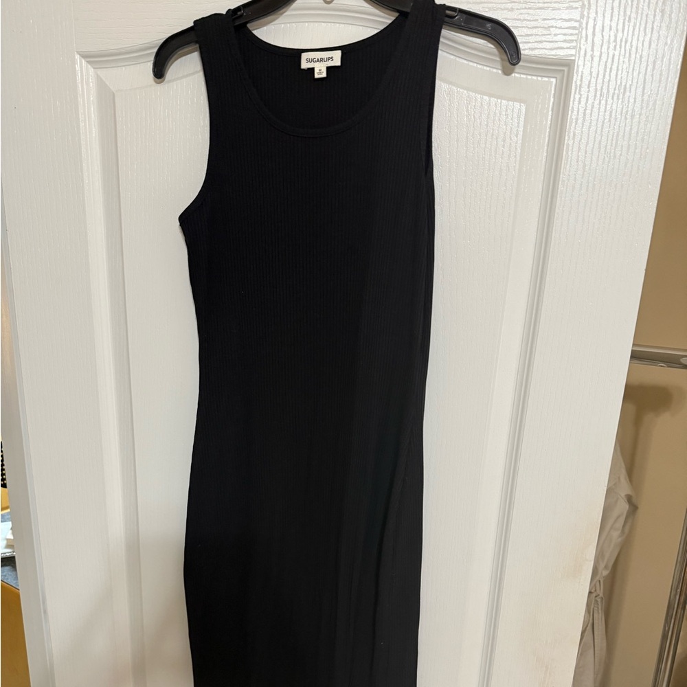 LBD. A very CBK look, Black Ribbed Stretch Maxi Dress, Side Slit, Minimalist